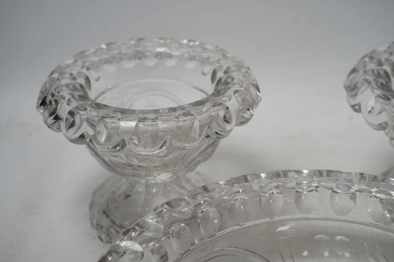 Three Victorian heavy cut glass bowls, largest 28cm. Condition - fair to good